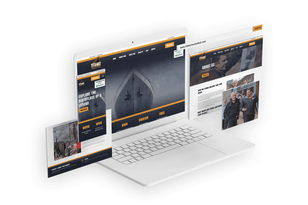 Titanic Walking Tours website on laptop, tablet and phone screens