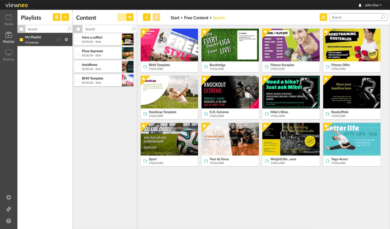 Viewneo content library with playlists and sports templates