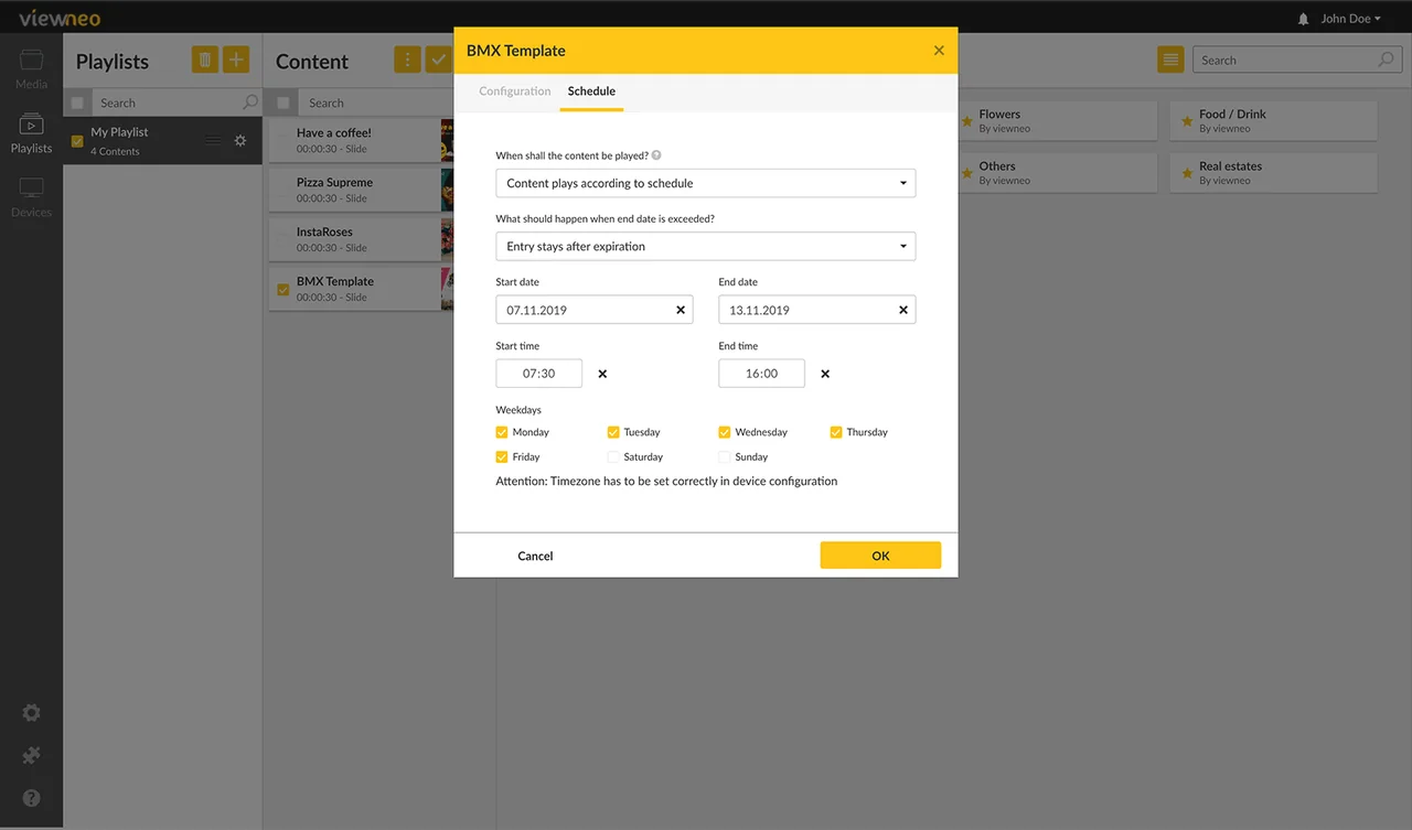 Viewneo playlist schedule dialog