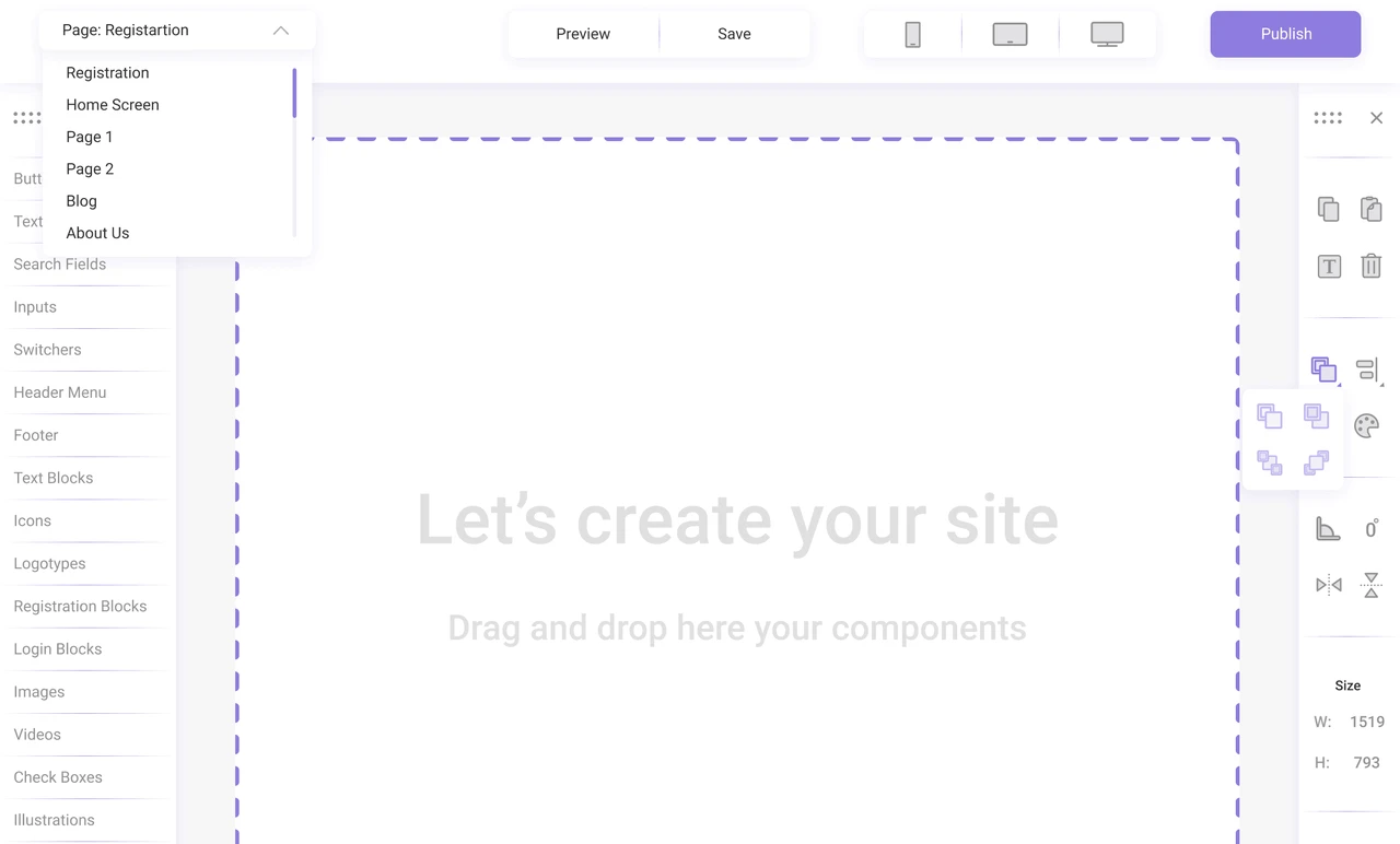 Website builder editor with component list and device preview